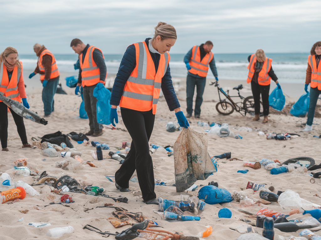 Mit kajak Müll sammeln wie eine lokale gruppe strandstücke systematisch entfernt