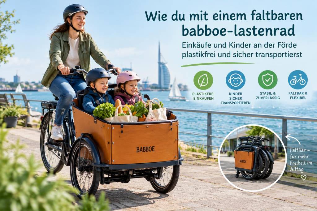 Wie du mit einem faltbaren babboe‑lastenrad einkäufe und kinder an der förde plastikfrei und sicher transportierst